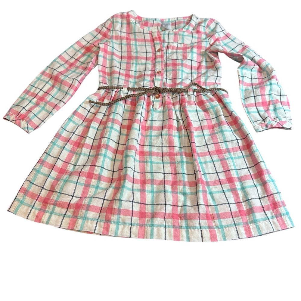 Carter’s Girls Plaid Long Sleeve Dress Size 5T Pink Blue Belted